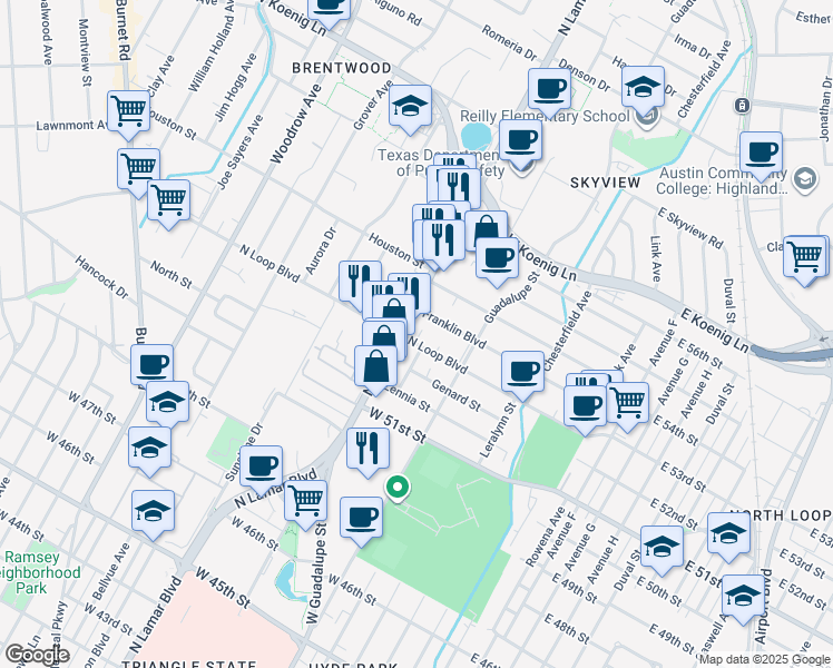 map of restaurants, bars, coffee shops, grocery stores, and more near 616 West North Loop Boulevard in Austin
