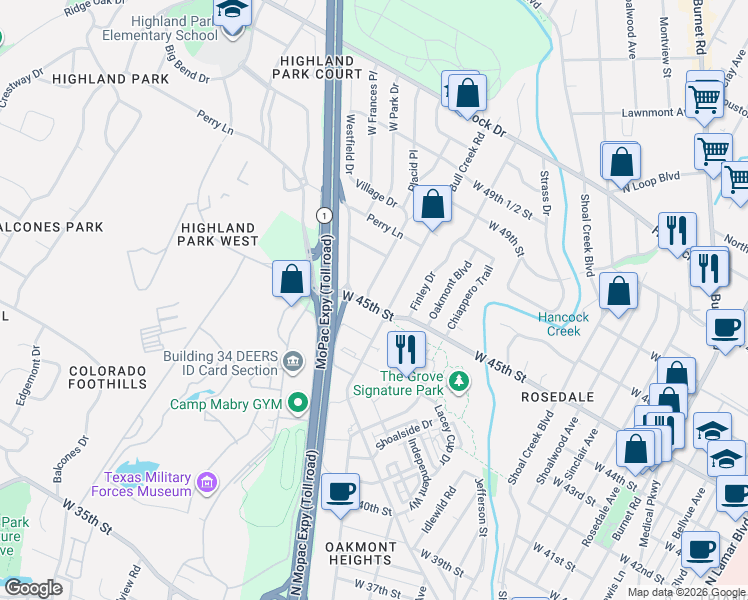 map of restaurants, bars, coffee shops, grocery stores, and more near in Austin