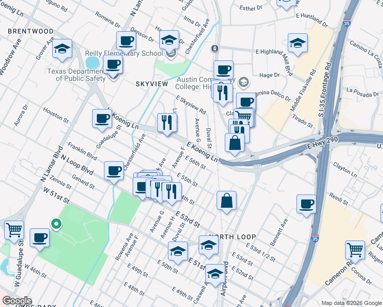 map of restaurants, bars, coffee shops, grocery stores, and more near 5615 Avenue F in Austin