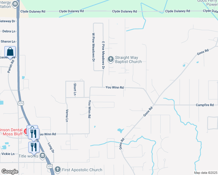 map of restaurants, bars, coffee shops, grocery stores, and more near 1050 You Winn Rd in Moss Bluff