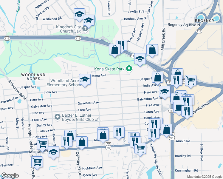 map of restaurants, bars, coffee shops, grocery stores, and more near 8530 India Avenue in Jacksonville