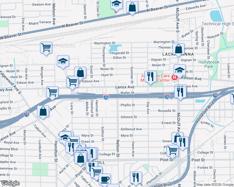 map of restaurants, bars, coffee shops, grocery stores, and more near 572 Nelson Street in Jacksonville