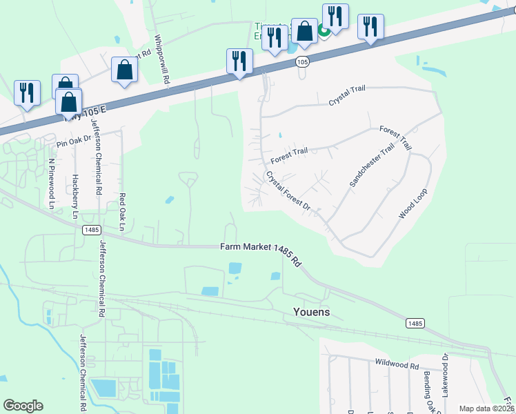map of restaurants, bars, coffee shops, grocery stores, and more near 3290 Crystal Forest Circle in Conroe