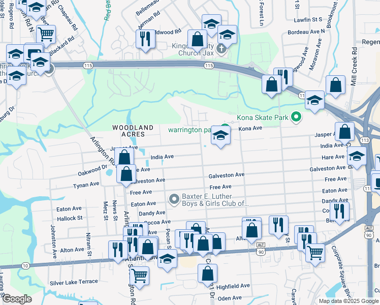 map of restaurants, bars, coffee shops, grocery stores, and more near 7922 India Avenue in Jacksonville