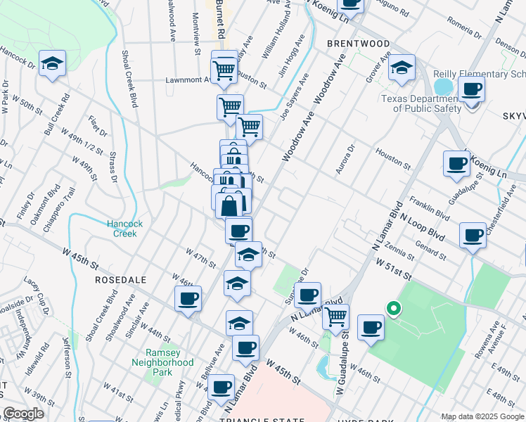 map of restaurants, bars, coffee shops, grocery stores, and more near 5005 Woodrow Avenue in Austin
