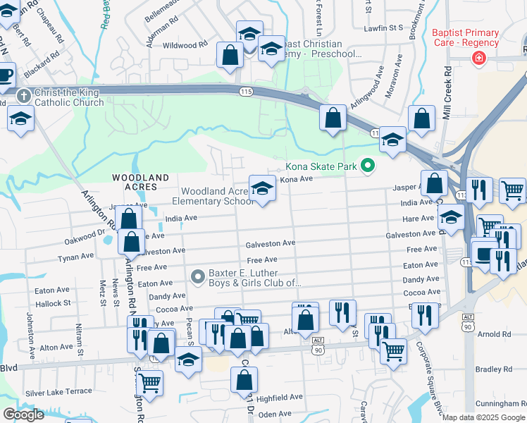 map of restaurants, bars, coffee shops, grocery stores, and more near 328 North Bowlan Street in Jacksonville