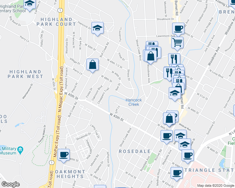 map of restaurants, bars, coffee shops, grocery stores, and more near 2617 Pembrook Trail in Austin