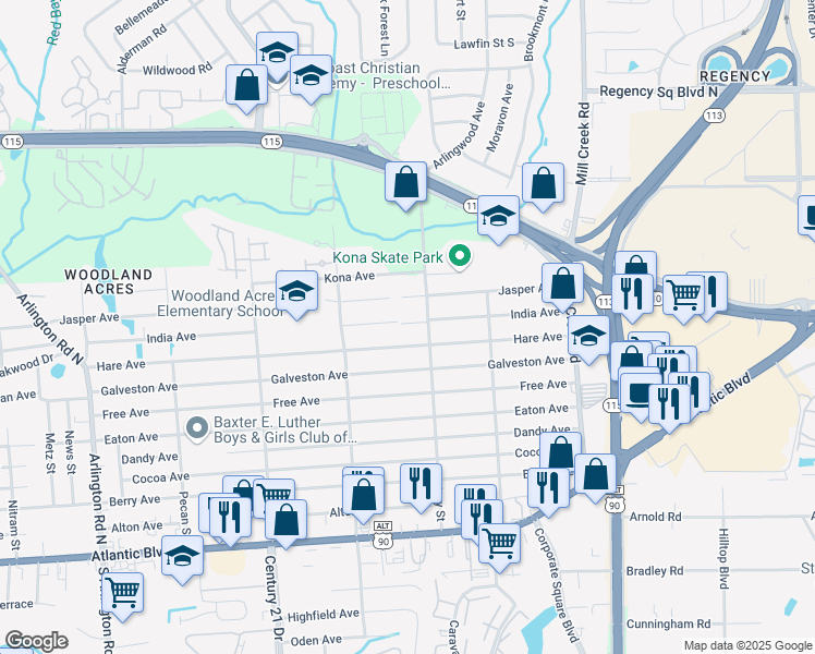 map of restaurants, bars, coffee shops, grocery stores, and more near 8530 India Avenue in Jacksonville