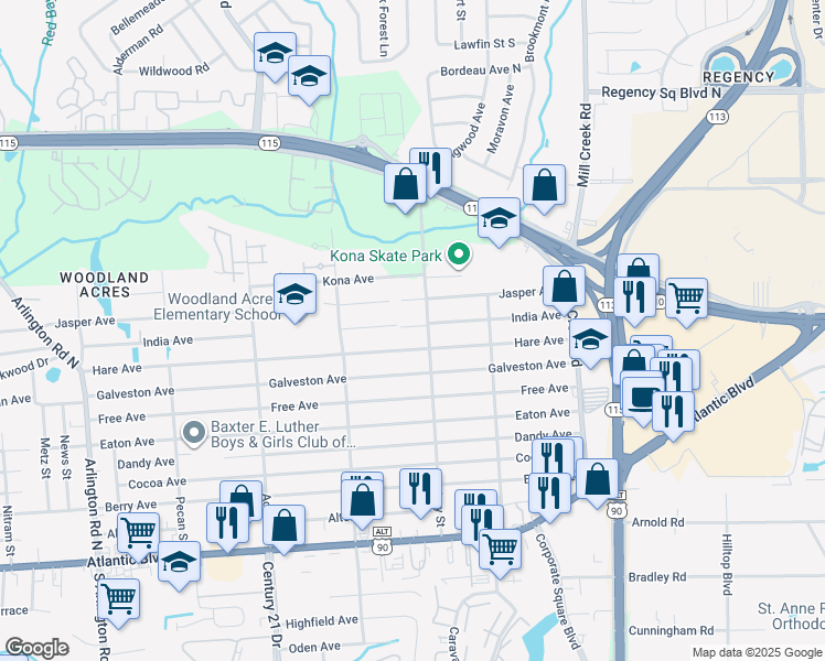 map of restaurants, bars, coffee shops, grocery stores, and more near 8620 India Avenue in Jacksonville