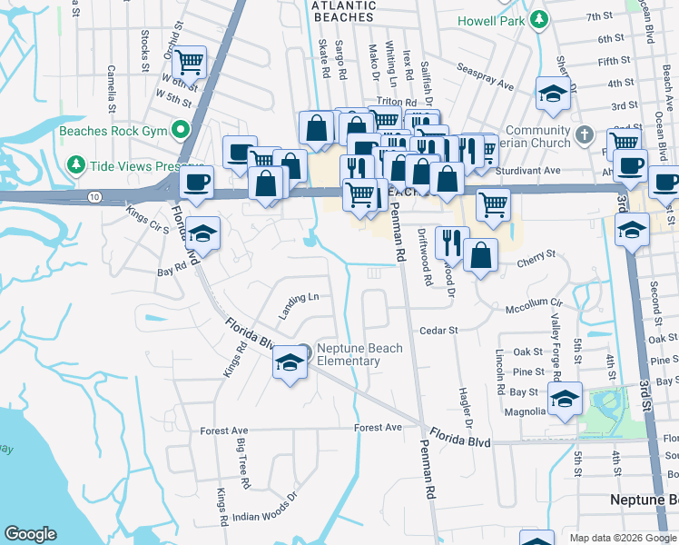 map of restaurants, bars, coffee shops, grocery stores, and more near 538 Goldenrod Lane North in Neptune Beach