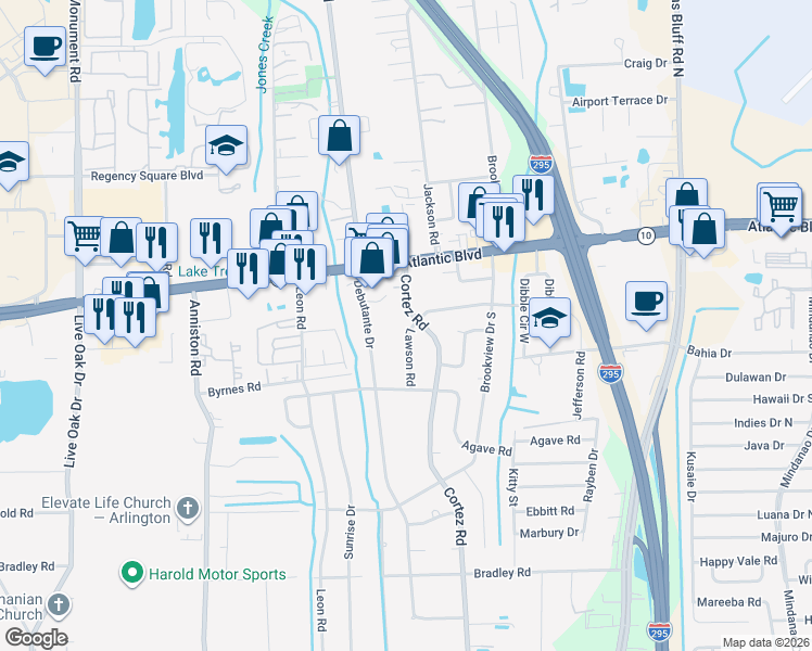 map of restaurants, bars, coffee shops, grocery stores, and more near 1714 Lawson Road in Jacksonville