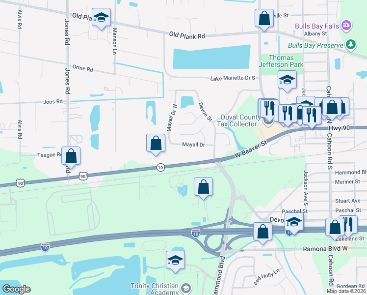 map of restaurants, bars, coffee shops, grocery stores, and more near 8588 Mayall Drive in Jacksonville