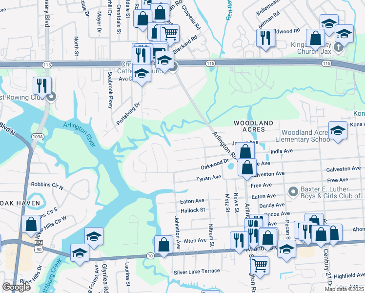 map of restaurants, bars, coffee shops, grocery stores, and more near 7039 Arlet Drive in Jacksonville