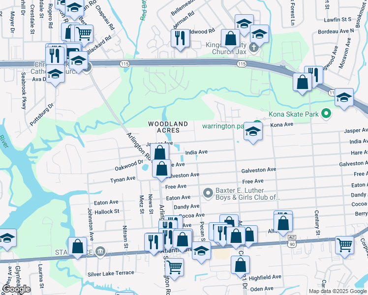 map of restaurants, bars, coffee shops, grocery stores, and more near 7700 Jasper Avenue in Jacksonville