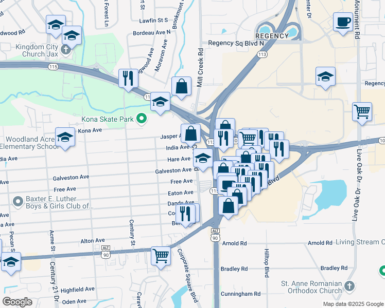 map of restaurants, bars, coffee shops, grocery stores, and more near 306 Mill Creek Road in Jacksonville