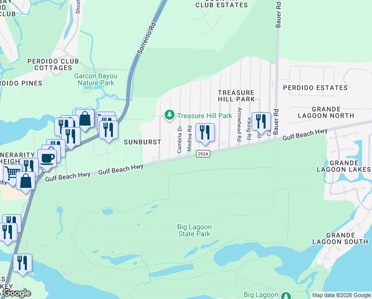 map of restaurants, bars, coffee shops, grocery stores, and more near 5499 Medina Road in Pensacola