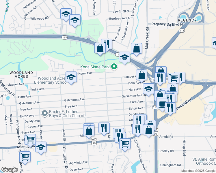 map of restaurants, bars, coffee shops, grocery stores, and more near 8719 Hare Avenue in Jacksonville