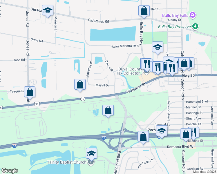 map of restaurants, bars, coffee shops, grocery stores, and more near 8524 Mayall Drive in Jacksonville
