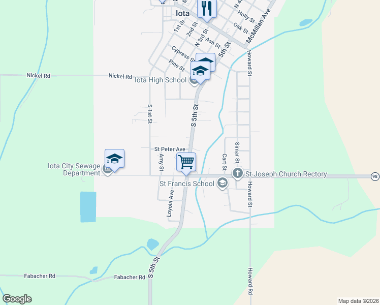 map of restaurants, bars, coffee shops, grocery stores, and more near 625 South 5th Street in Eunice