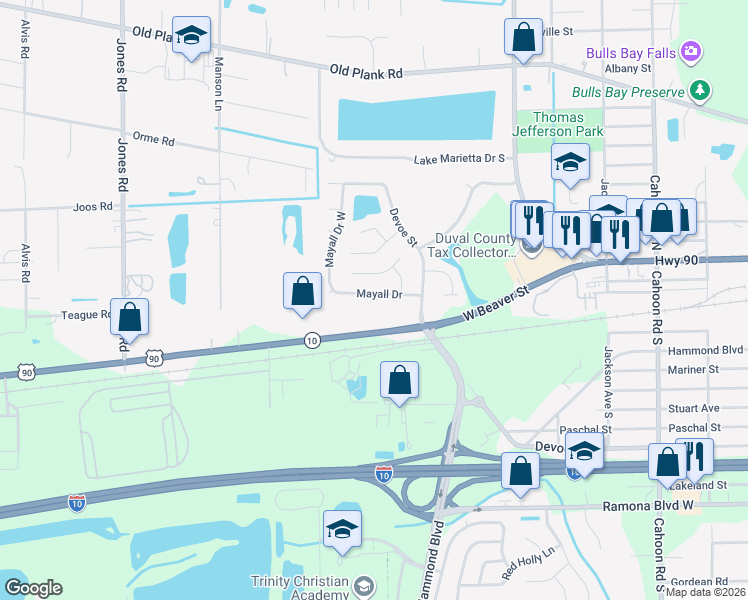 map of restaurants, bars, coffee shops, grocery stores, and more near 8588 Mayall Drive in Jacksonville
