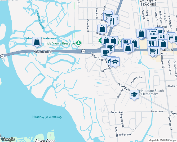 map of restaurants, bars, coffee shops, grocery stores, and more near 2117 Bay Road in Neptune Beach