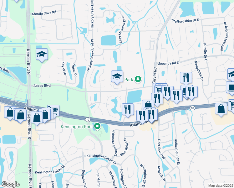 map of restaurants, bars, coffee shops, grocery stores, and more near 12607 Reeding Ridge Drive North in Jacksonville