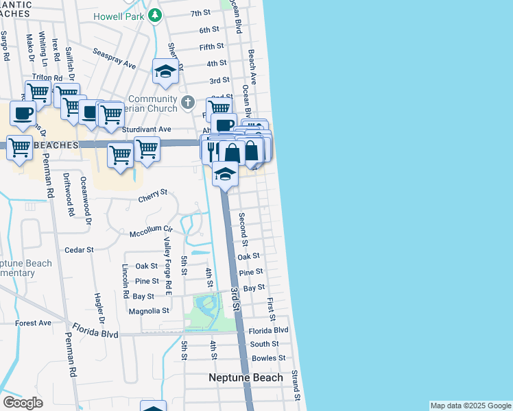 map of restaurants, bars, coffee shops, grocery stores, and more near 205 Walnut Street in Neptune Beach
