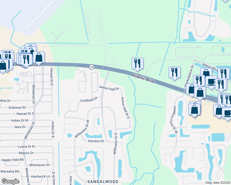 map of restaurants, bars, coffee shops, grocery stores, and more near 1690 Aston Hall Court in Jacksonville