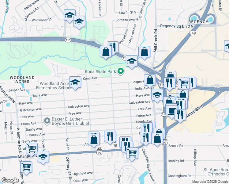 map of restaurants, bars, coffee shops, grocery stores, and more near 8719 Hare Avenue in Jacksonville