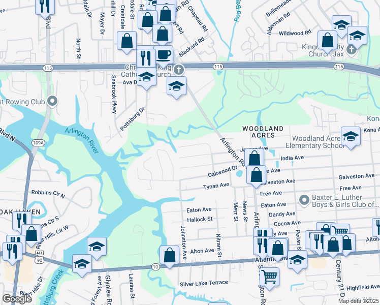 map of restaurants, bars, coffee shops, grocery stores, and more near 7039 Arlet Drive in Jacksonville