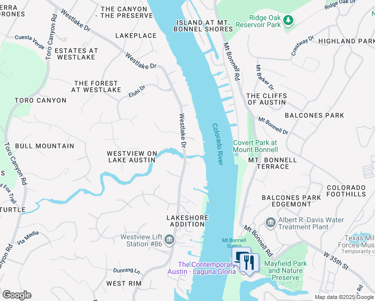 map of restaurants, bars, coffee shops, grocery stores, and more near 3403 Westlake Drive in Austin