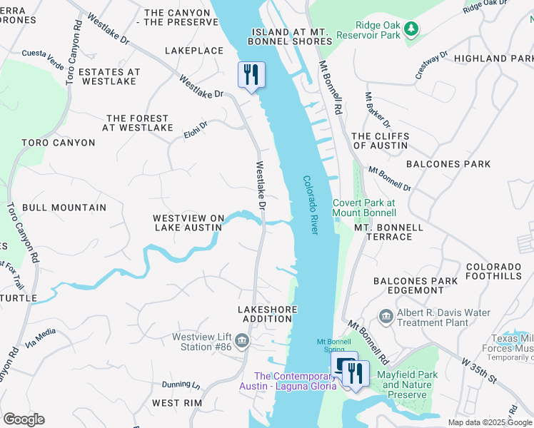 map of restaurants, bars, coffee shops, grocery stores, and more near 3403 Westlake Drive in Austin