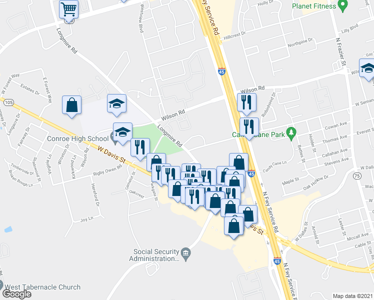 map of restaurants, bars, coffee shops, grocery stores, and more near 360 Longmire Road in Conroe