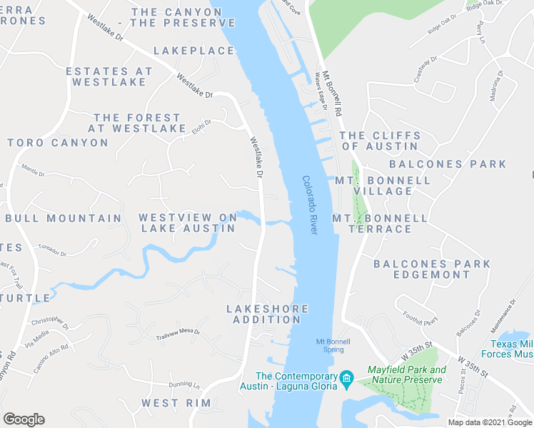 map of restaurants, bars, coffee shops, grocery stores, and more near 3403 Westlake Drive in Austin