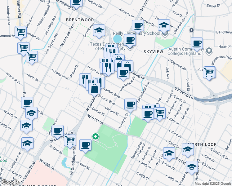 map of restaurants, bars, coffee shops, grocery stores, and more near 602 Franklin Boulevard in Austin
