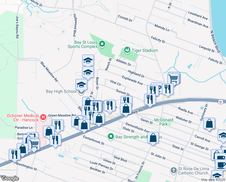 map of restaurants, bars, coffee shops, grocery stores, and more near 608 Sunset Drive in Bay St. Louis