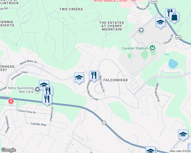 map of restaurants, bars, coffee shops, grocery stores, and more near 15508 Spillman Ranch Loop in Bee Cave