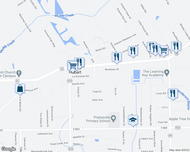 map of restaurants, bars, coffee shops, grocery stores, and more near 40138 La Rochelle Road in Prairieville