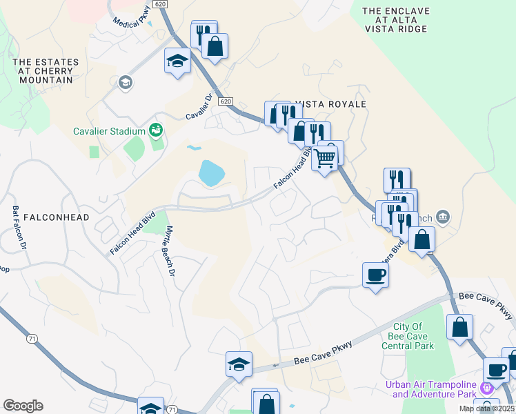 map of restaurants, bars, coffee shops, grocery stores, and more near 3908 Gyrfalcon Cove in Austin