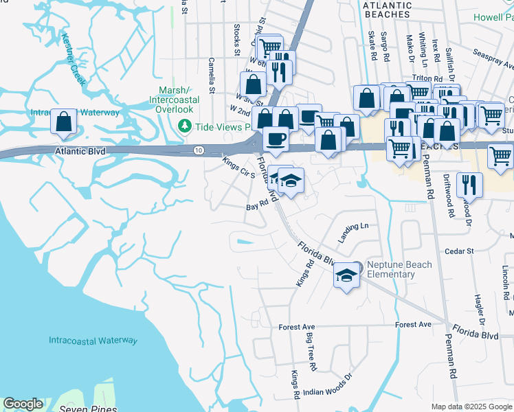 map of restaurants, bars, coffee shops, grocery stores, and more near Bay Road in Neptune Beach