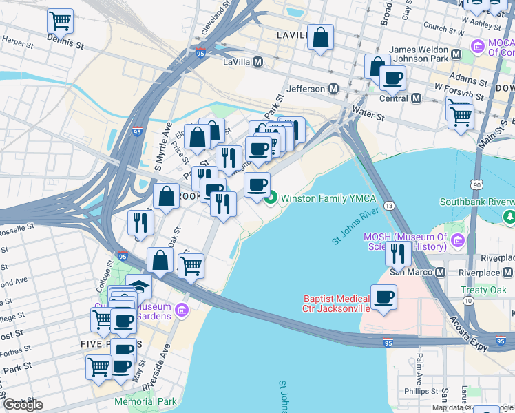 map of restaurants, bars, coffee shops, grocery stores, and more near 245 Riverside Avenue in Jacksonville