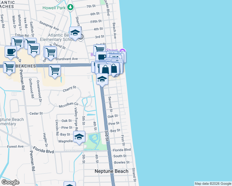 map of restaurants, bars, coffee shops, grocery stores, and more near 205 Walnut Street in Neptune Beach