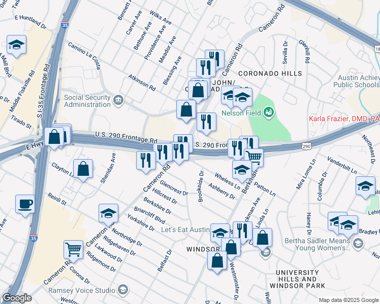 map of restaurants, bars, coffee shops, grocery stores, and more near 7103 U.S. 290 in Austin