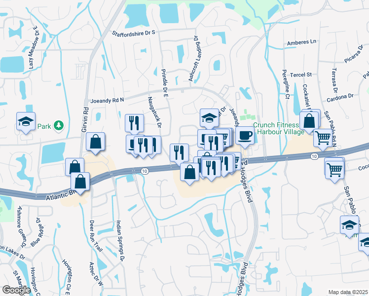 map of restaurants, bars, coffee shops, grocery stores, and more near 13119 Professional Drive in Jacksonville