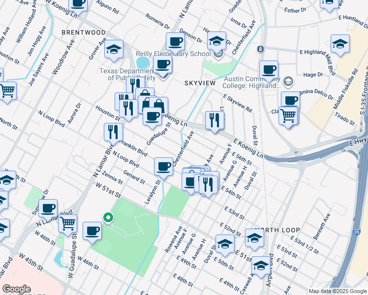map of restaurants, bars, coffee shops, grocery stores, and more near Chesterfield Ave & W 55th St in Austin