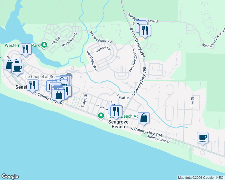 map of restaurants, bars, coffee shops, grocery stores, and more near Canal Street in Walton County