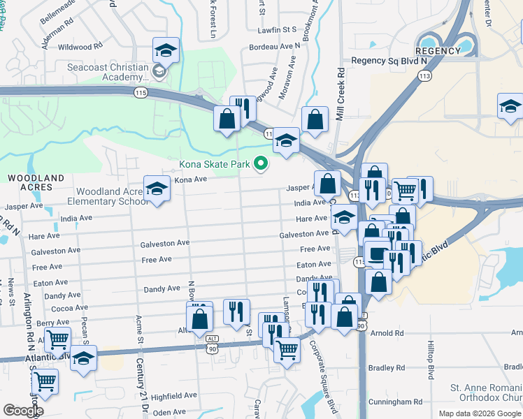 map of restaurants, bars, coffee shops, grocery stores, and more near 8719 Hare Avenue in Jacksonville