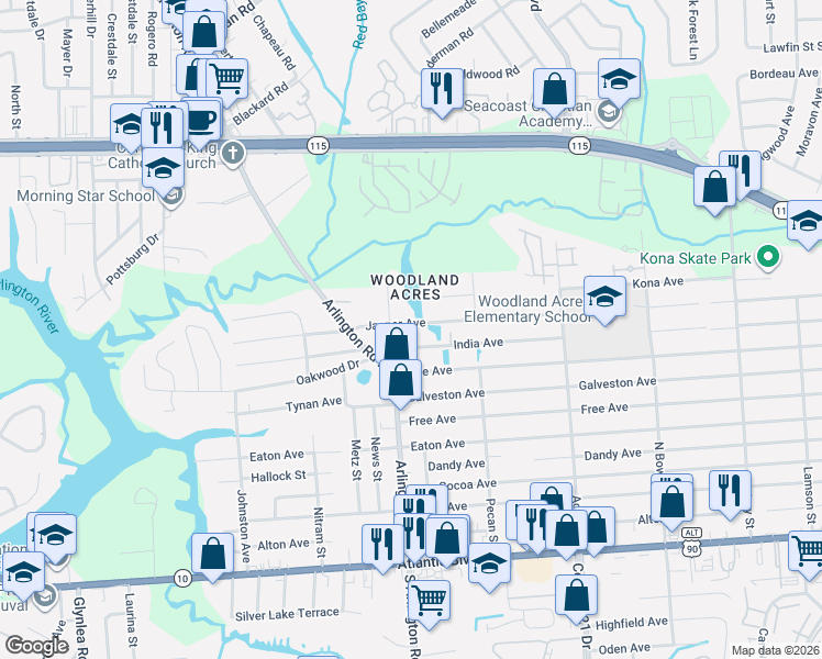 map of restaurants, bars, coffee shops, grocery stores, and more near 7519 India Avenue in Jacksonville