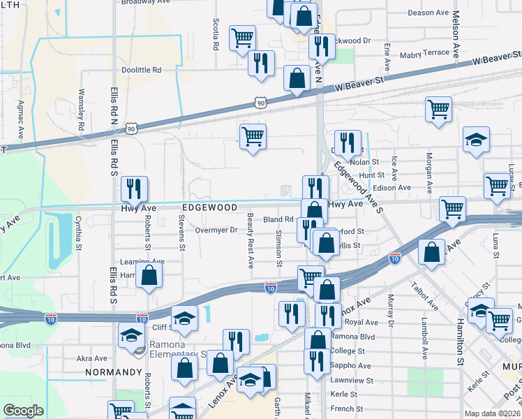map of restaurants, bars, coffee shops, grocery stores, and more near 5245 Bland Road in Jacksonville
