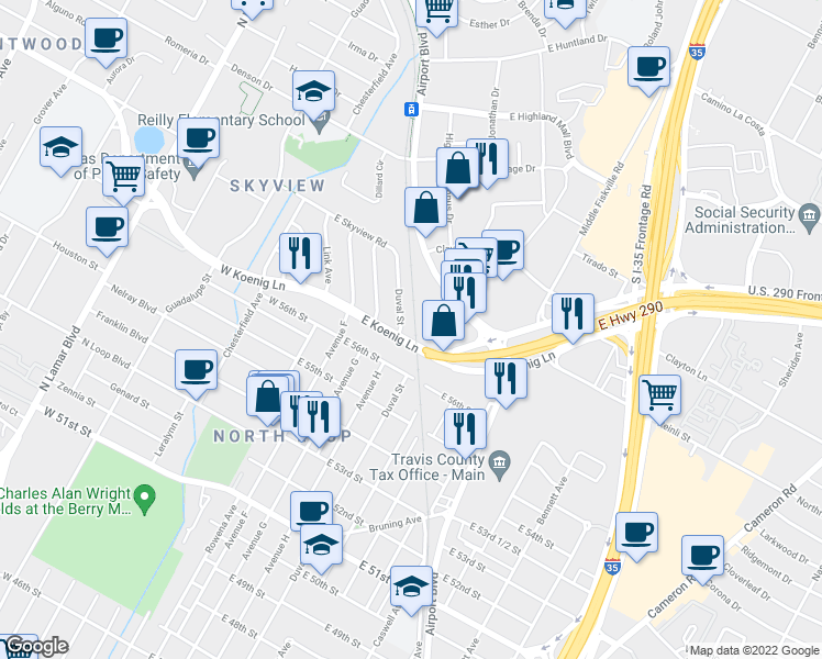 map of restaurants, bars, coffee shops, grocery stores, and more near 5703 Duval Street in Austin
